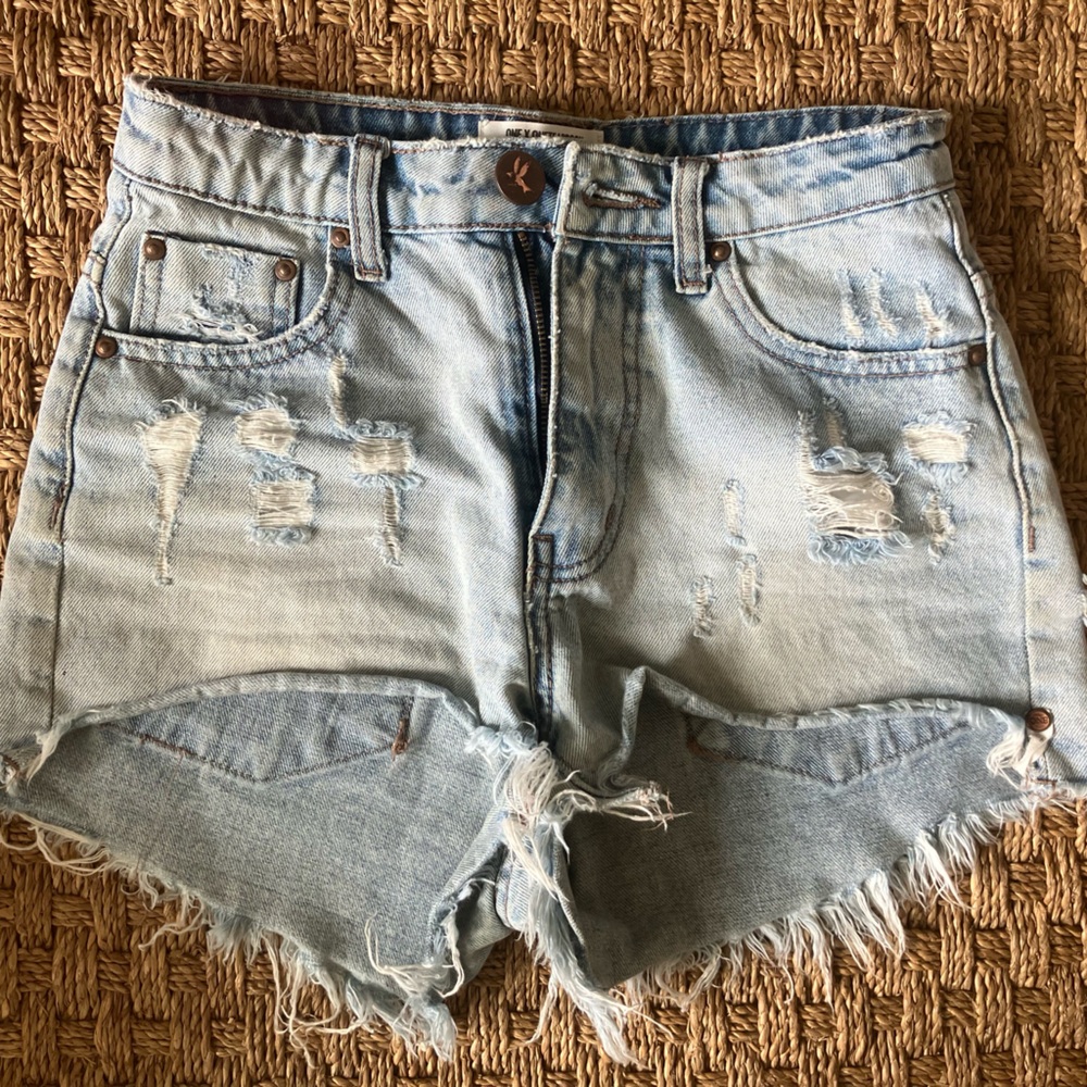 One Teaspoon Light Blue Distressed Denim Shorts